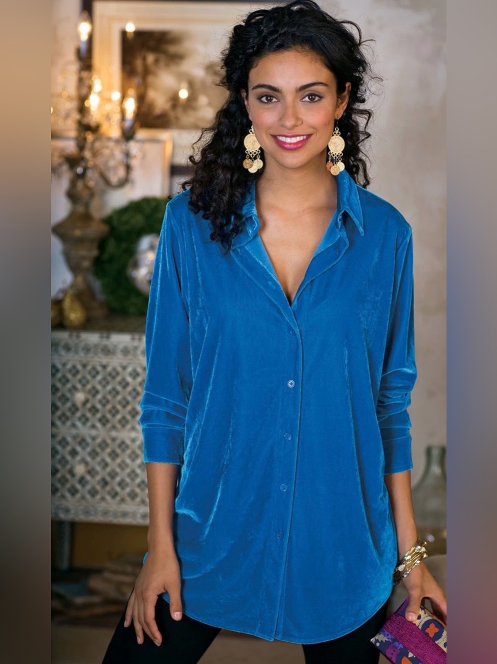 Soft Surroundings Velvet Boyfriend Tunic Shirt In Cobalt NWOT